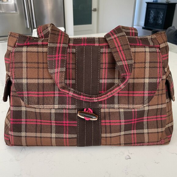 Merrell Multi Pocket Polyester Lined Plaid Satchel/Shoulder Bag Brown Pink Tan - Picture 1 of 16